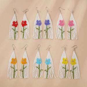 Wholesale Boho Flower Rice Beads Tassel Hand Braided Earrings