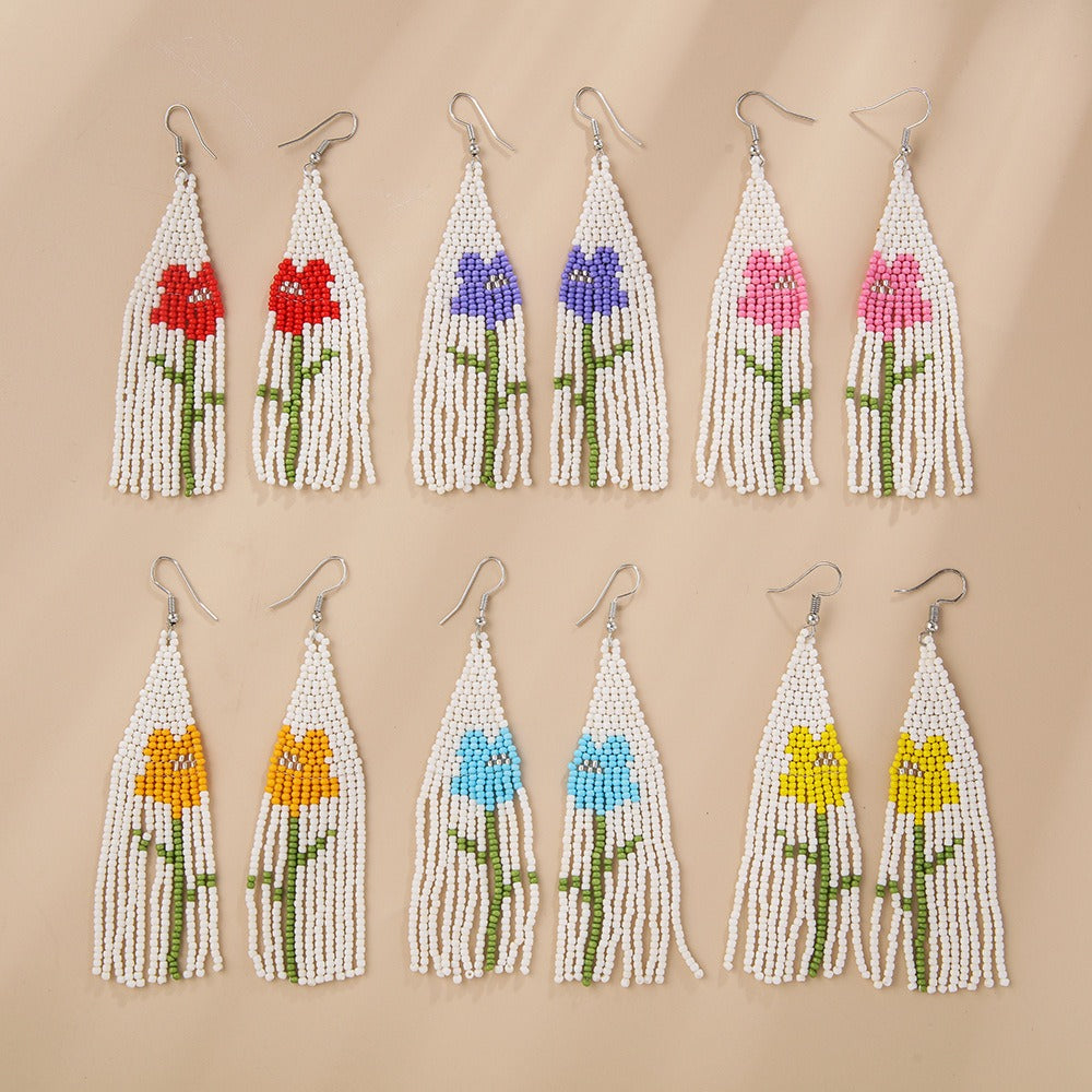 Wholesale Boho Flower Rice Beads Tassel Hand Braided Earrings