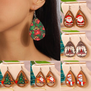 Wholesale Christmas Cartoon Santa Claus Drop Shape Wooden Earrings
