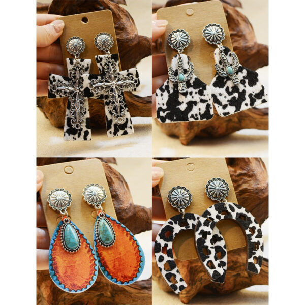 Wholesale of Western Wind Cow Pattern Turquoise Alloy Horseshoe Leopard Pattern Cross Leather Earrings