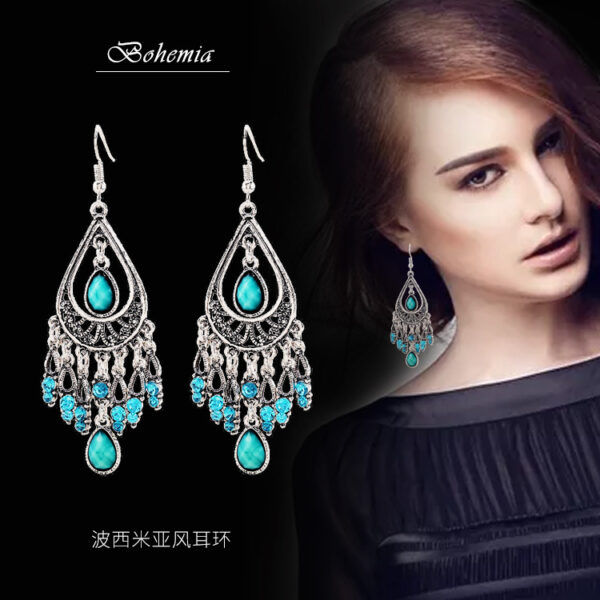 Wholesale Fashion Creative Bohemian Vintage Carved Waterdrop Gemstone Tassel Earrings