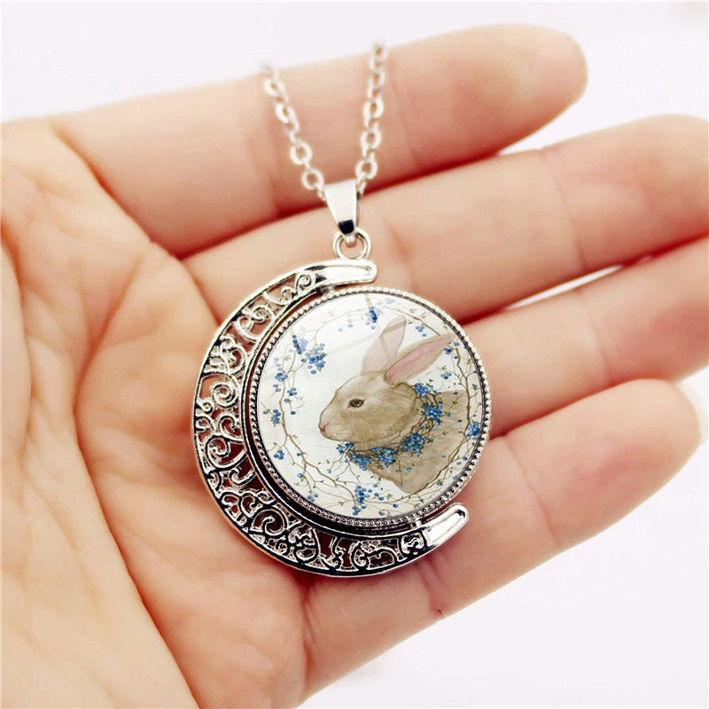 Wholesale Alloy Easter Bunny Rrsible Rotating Moon Necklace