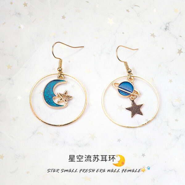 Wholesale Girl Heart Asymmetry Small Fresh Blue Starry Sky Moon Cosmic Planet Earrings