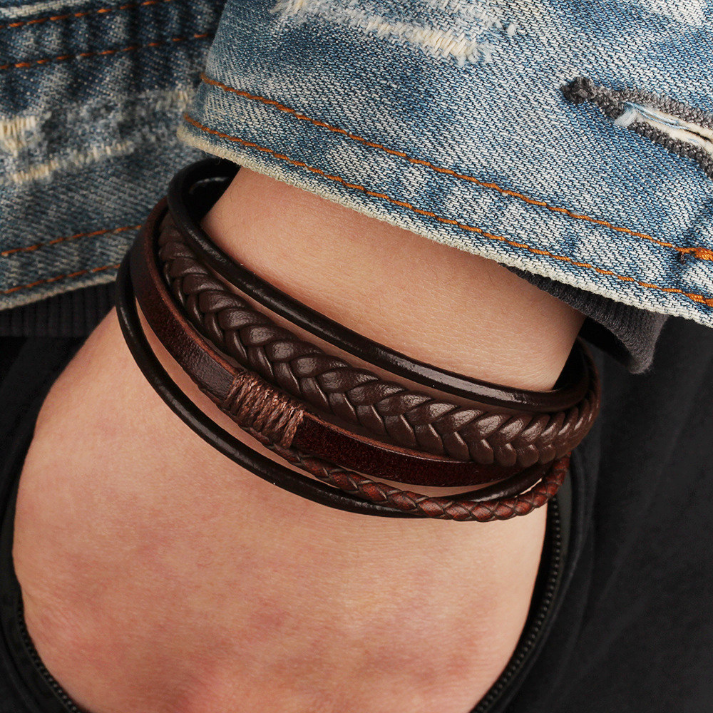 Wholesale Cross-Border Hot Selling Original European and American Jewelry Fashionable Leather Rope Hand-Woven Bracelet Men's Bracelet Ethnic Style Jew