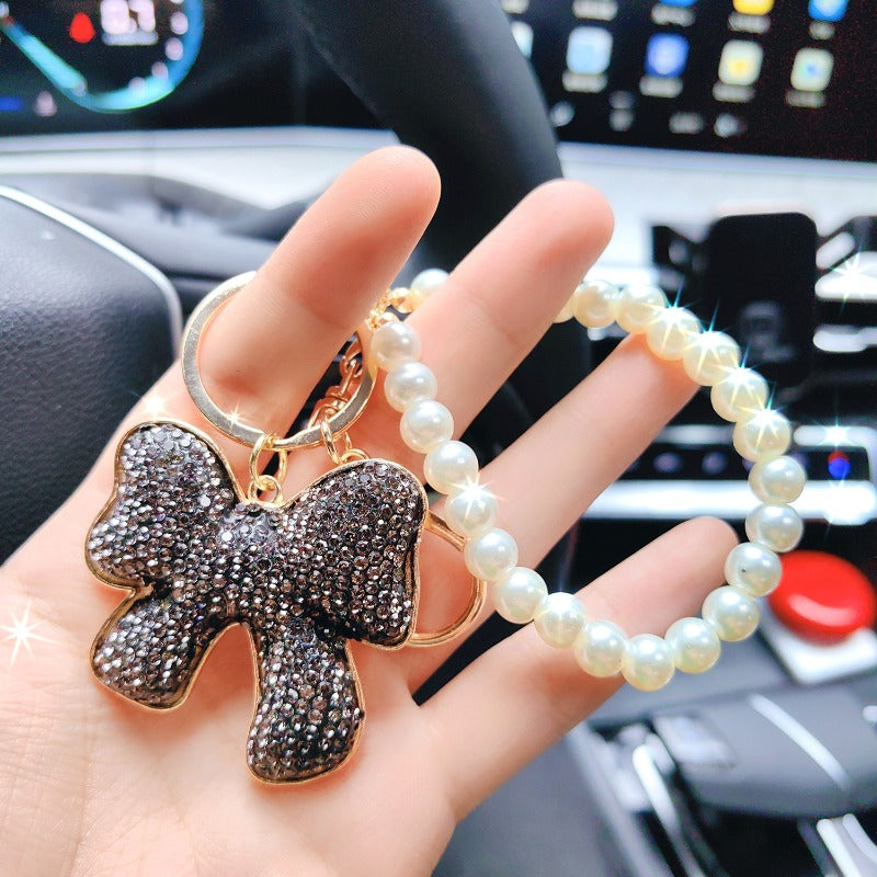 Wholesale Full Diamond Bow Car Creative Pearl Bracelet Keychains