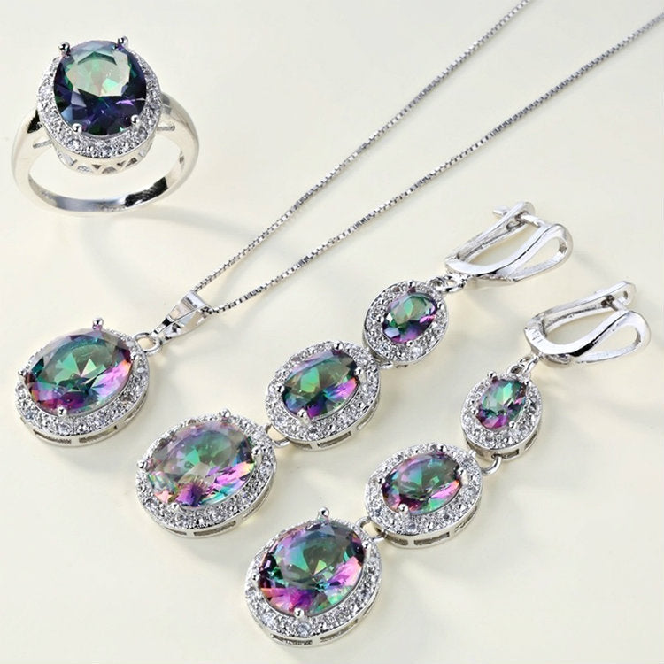 Wholesale Colorful Stone Pendant Metal Necklace Four-piece Set