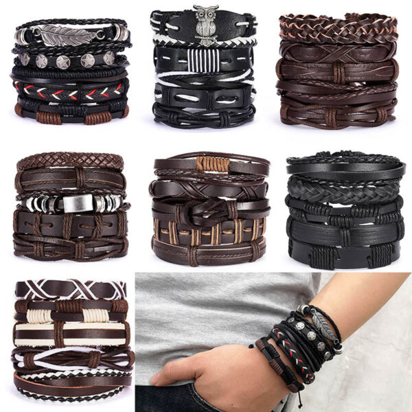 Wholesale Vintage Cross Leather Multi-layer Adjustable Hand-woven Men's Bracelet Set