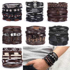 11156023806_343533664 Wholesale Vintage Cross Leather Multi-layer Adjustable Hand-woven Men's Bracelet Set