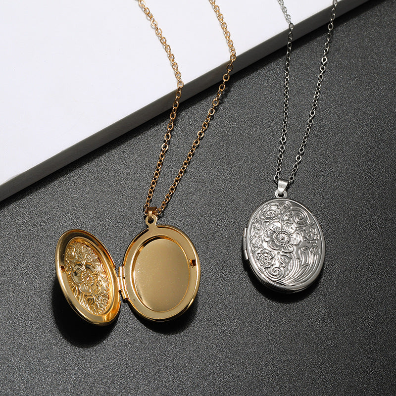 Wholesale Diy Aessories Photo Box Oval Engraved Pattern Openable Pendant Necklace