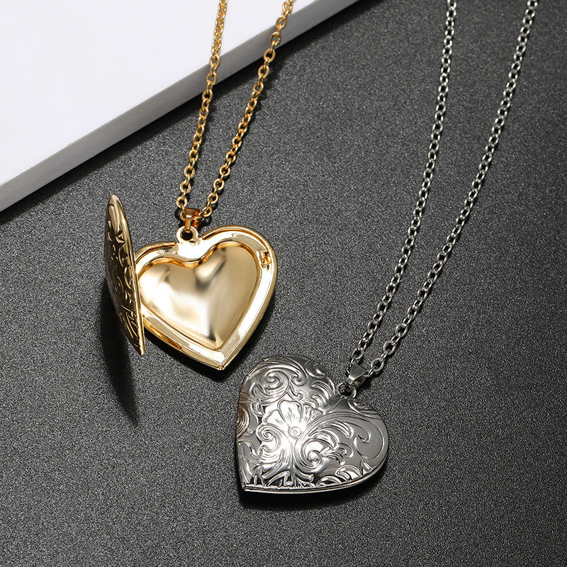 Wholesale Diy Aessories Photo Box Heart-shaped Engraved Pattern Openable Pendant Necklace