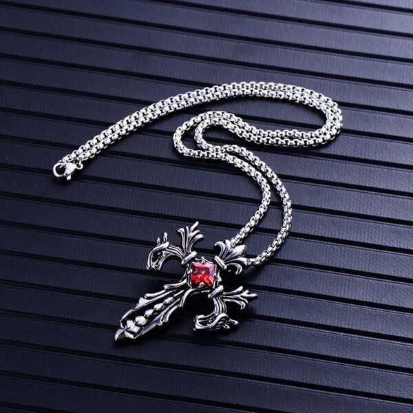Wholesale Ruby Paved Pendant Double Dragon Cross Stainless Steel Necklaces