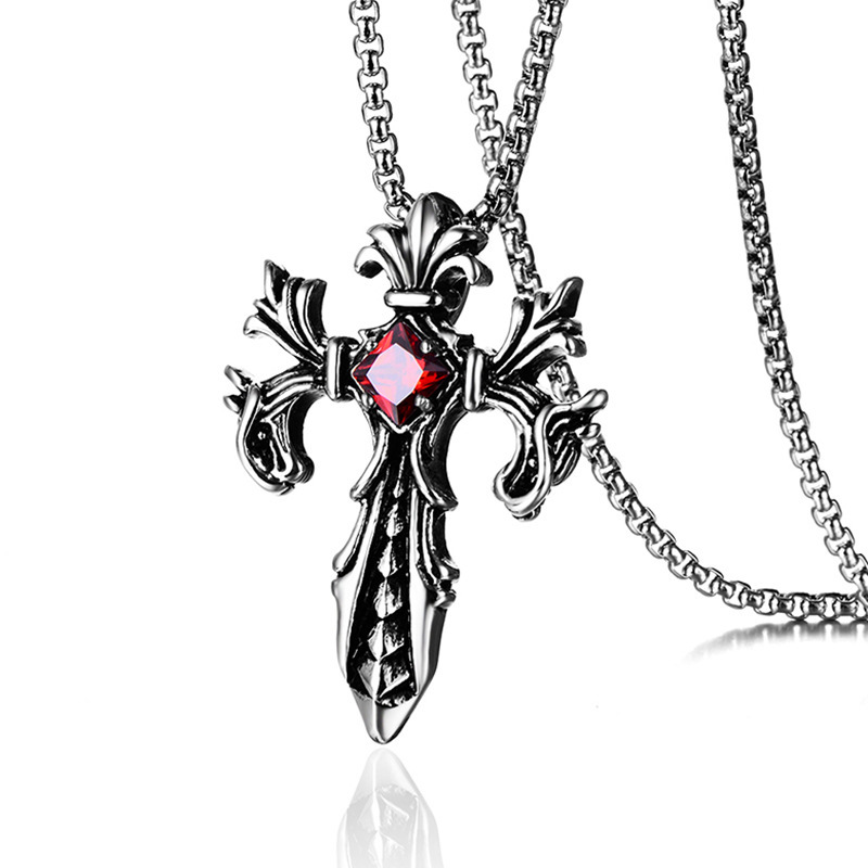 Wholesale Retro Personalized Jewelry Wholesale Titanium Steel Inlaid Ruby Pendant Men's Double agon Cross Necklace Exrt Sply