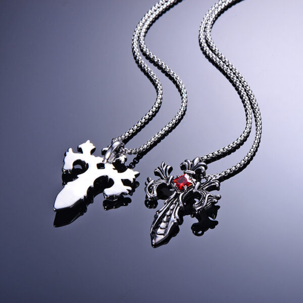 Wholesale Ruby Paved Pendant Double Dragon Cross Stainless Steel Necklaces