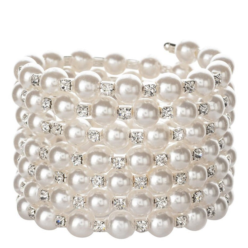 Wholesale Pearl Rhinestone Multilayer Sn Rows Wound Spiral Bracelet