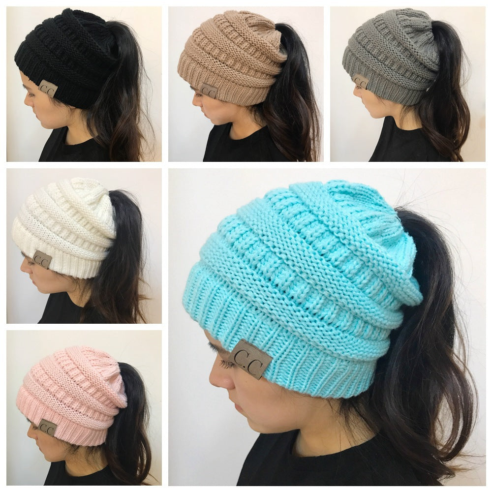 Wholesale Autumn and Winter Label Knitted nytail Beanie
