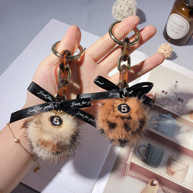 Wholesale Alloy Leopard Print Mink Hair Ball Key Chain