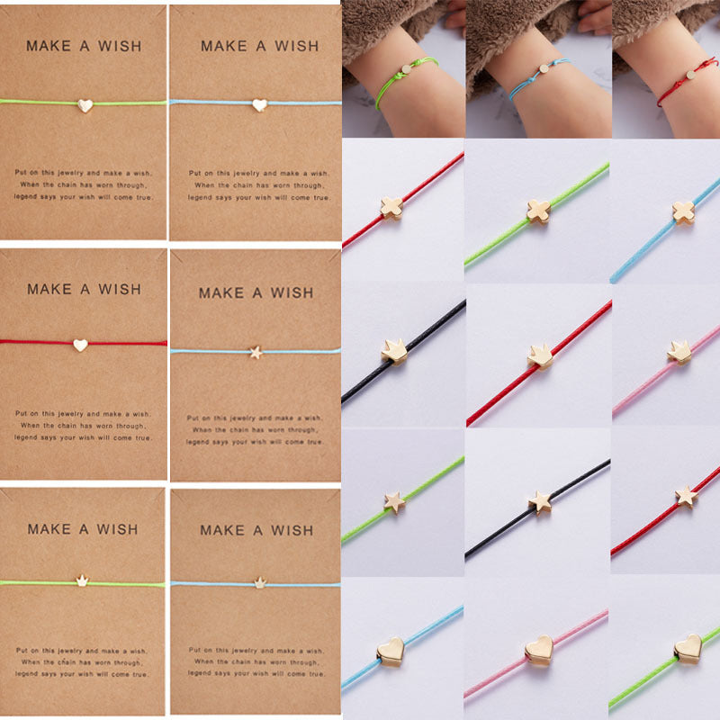 Wholesale Make A Wish Paper Card Five-inted Star Crown Cross Leather Cord Adjustable Braided Bracelet
