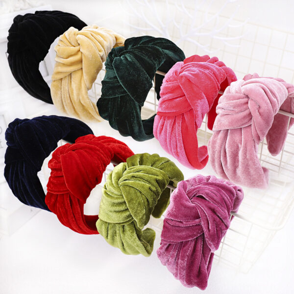 12324297433_105216488 Wholesale Fabric Pure Color Golden Velvet Stretch Knotted Braided Headband