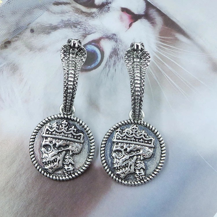 Wholesale Gothic Cobra Long Exaerated Skull Head Alloy Earrings