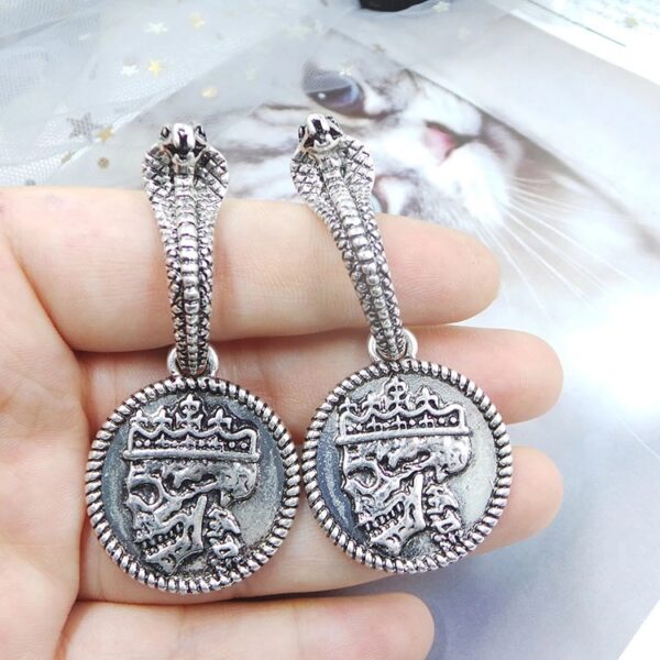 12384268611_1170921009 Wholesale Gothic Cobra Long Exaggerated Skull Head Alloy Earrings