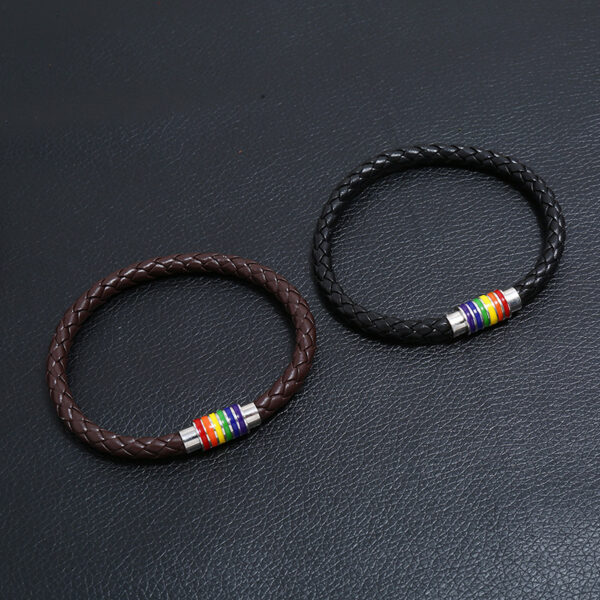 Wholesale Woven Rainbow Copper Magnet Buckle PU Leather Bracelet