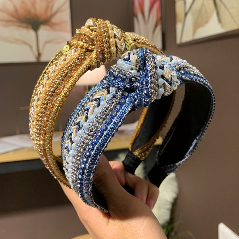 Wholesale New Fabric Art Diamond Middle Knotted Wide Brim Headband