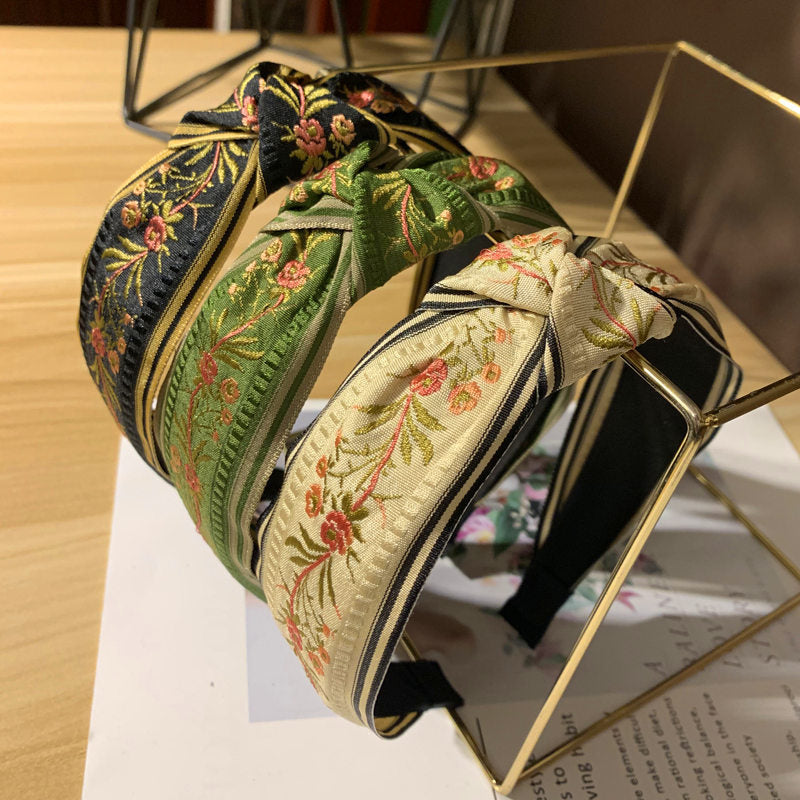 Wholesale Embroidery Retro Knotted Wide Fabric Headband