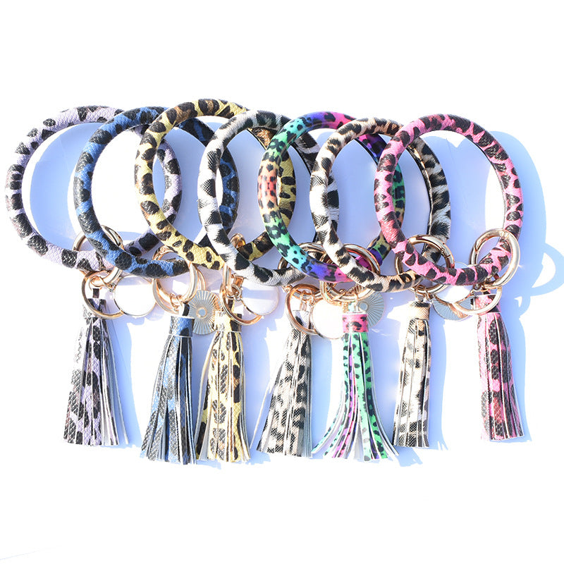 Wholesale PU Leopard Print Tassel Wrist Keychain