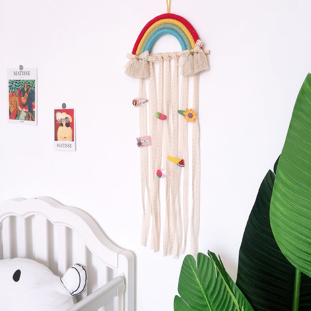 Wholesale Cotton Rope Woven Rainbow Kids Hairpin Wall Hanging Storage Belt
