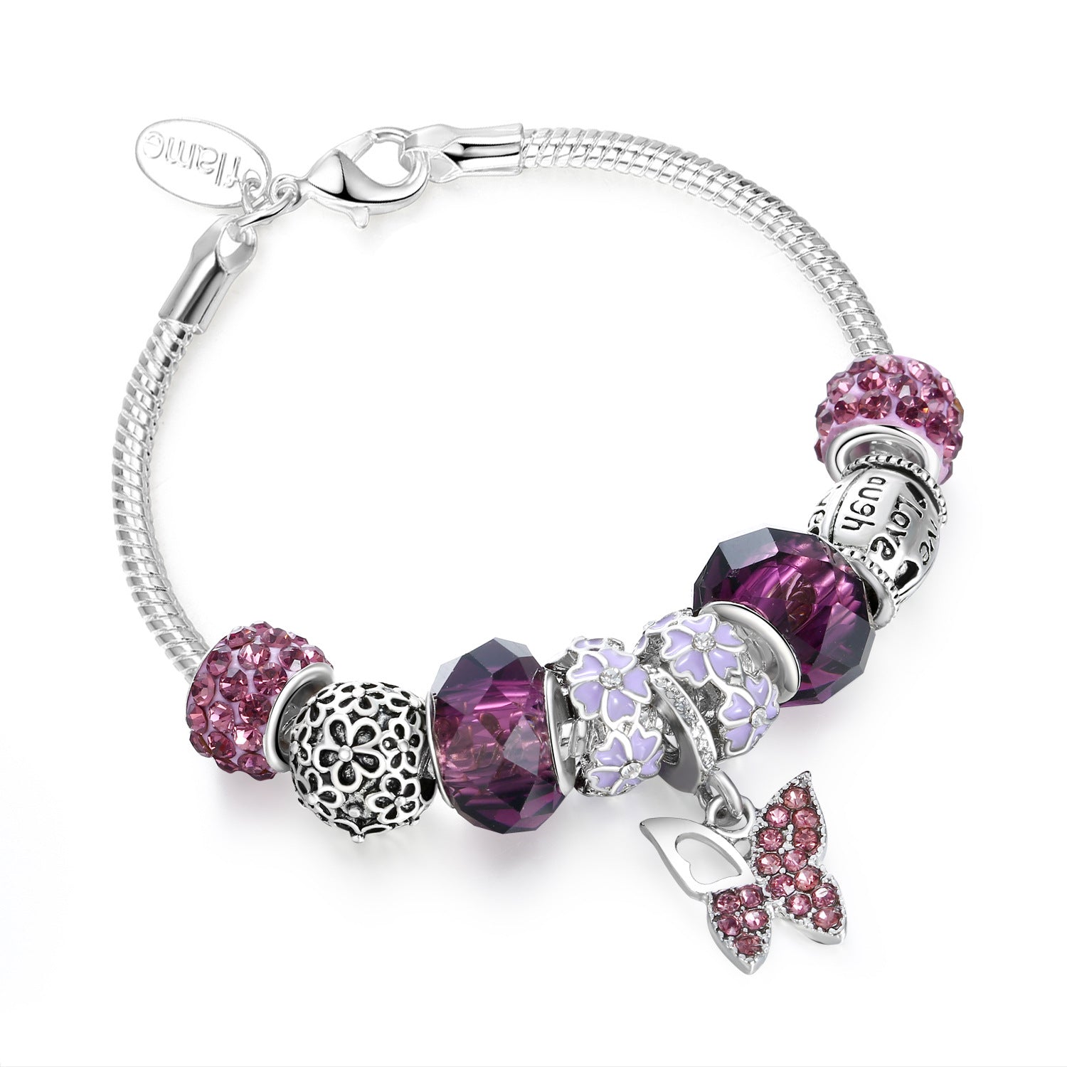 Wholesale Roland Crystal Full Diamond Alloy Sier Plated Butterfly Pendant Bracelets