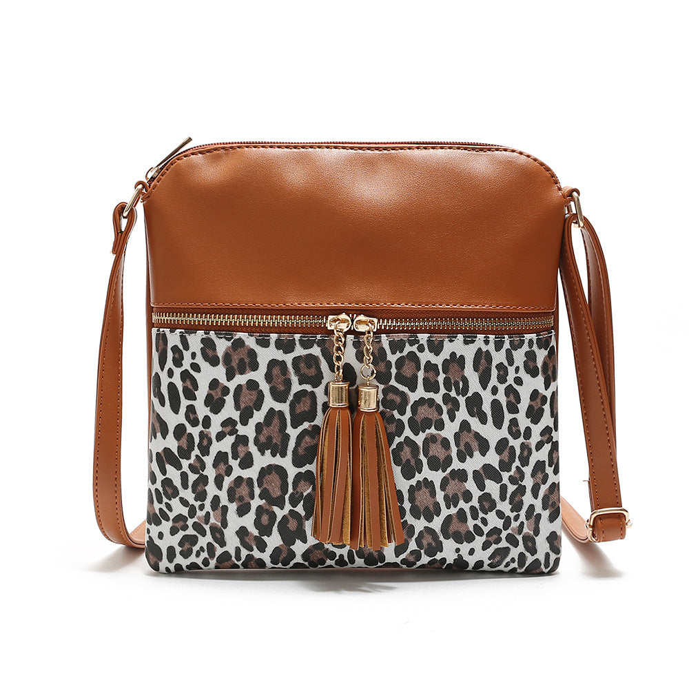 Wholesale PU Contrast Color Leopard Tassel Shoulder Bag