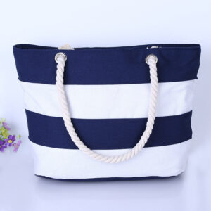 Wholesale Burlap Stripe Panel Canvas Shoulder Beach Bag