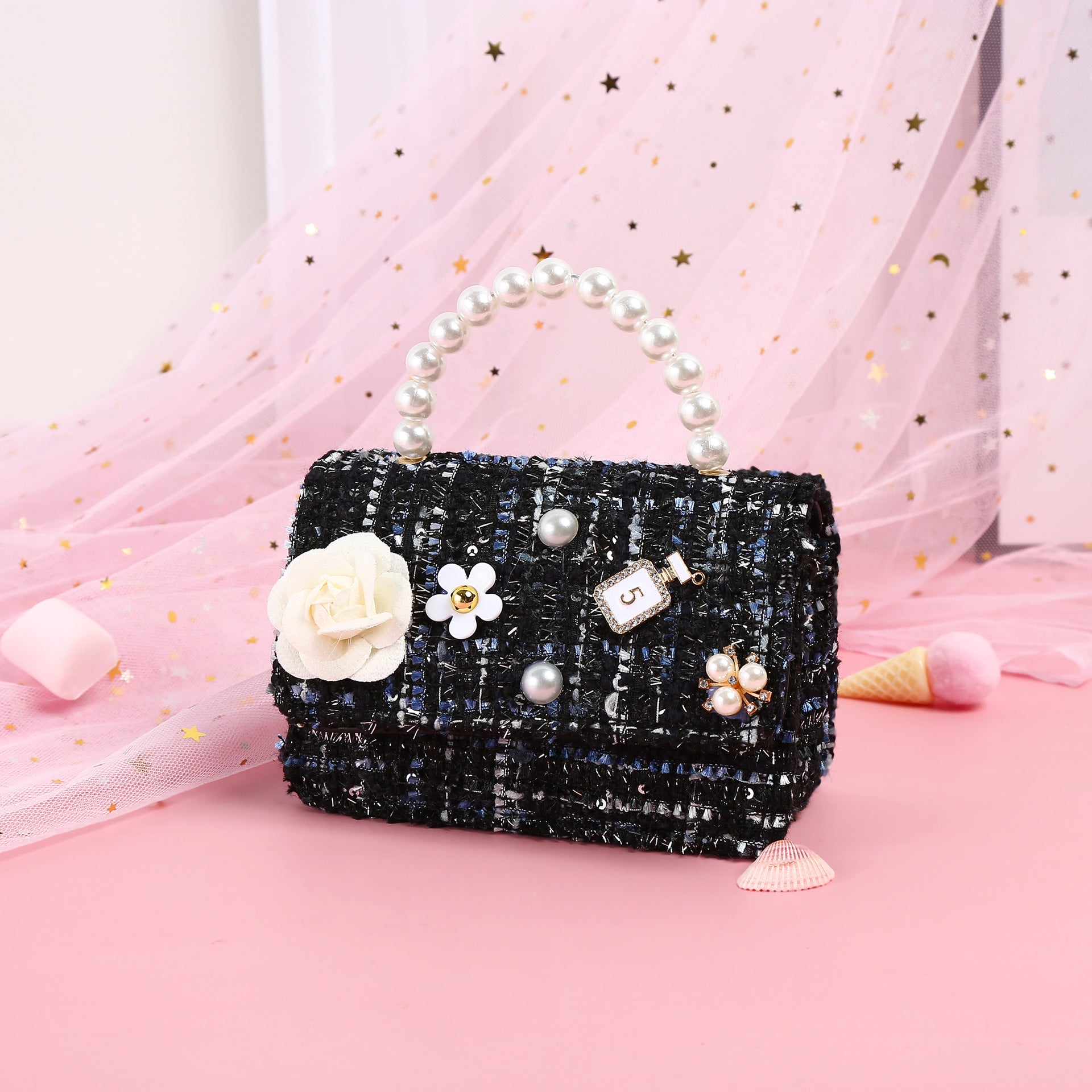 Wholesale Canvas Chilen's Bags, Camellia Handbags, Pearl Diagonal Cross Bags