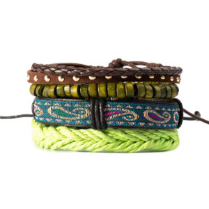 Wholesale Nepalese Handmade Wooden Beads Leather Multi-layer Woven Bracelet Set