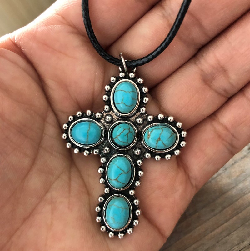 Wholesale Vintage turquoise cross long necklace