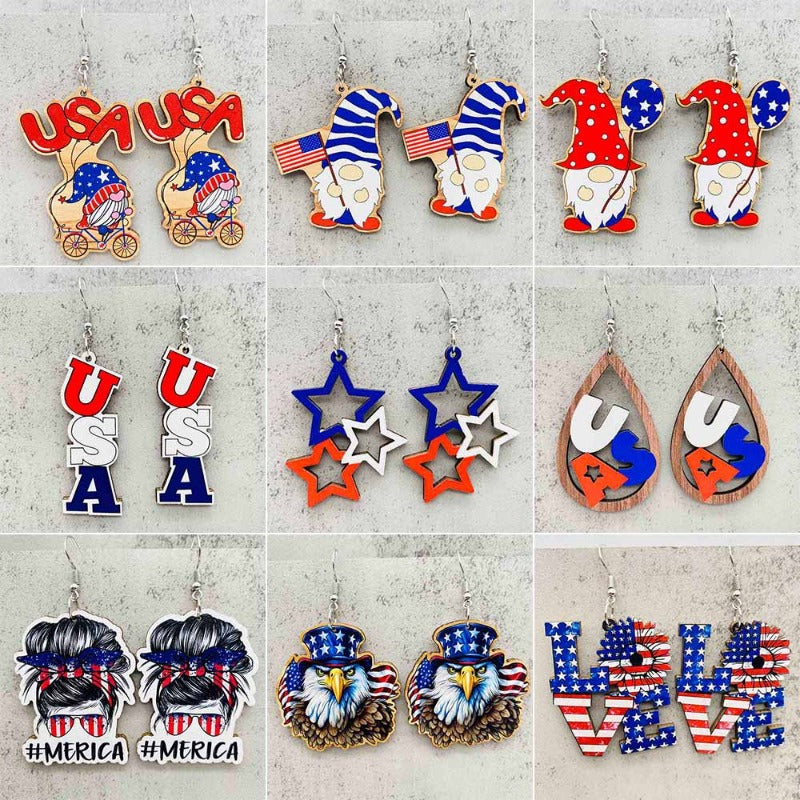 Wholesale American Independence Day LOVE Suower Eagle Wooden Earrings
