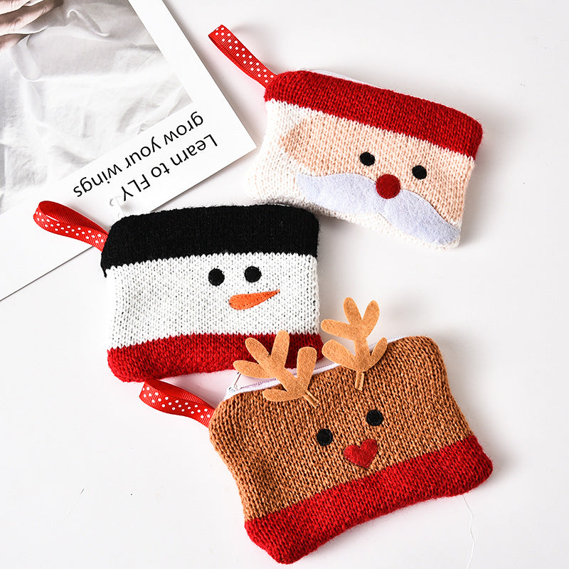 Wholesale Christmas Cartoon Square Zipper Knitted Cotton Wallet Bag