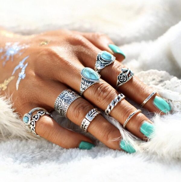 16965474087_221468121 Wholesale Vintage Totem Flower Turquoise 10 Piece Joint Combination Rings