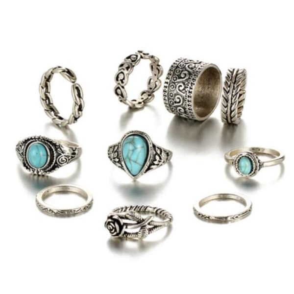 17018920218_221468121 Wholesale Vintage Totem Flower Turquoise 10 Piece Joint Combination Rings
