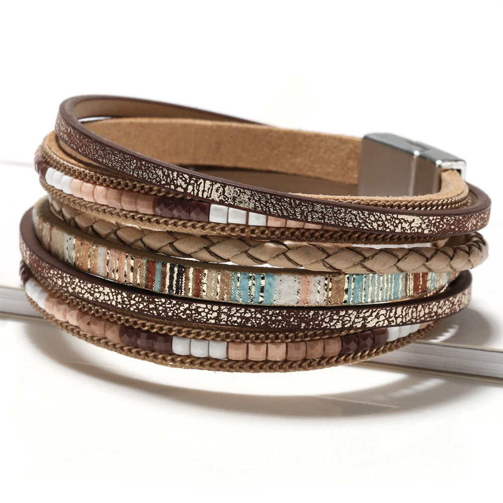 Wholesale Bohemian Hand Woven Leather Alloy Magnetic Buckle Women's Fashion Bracelets
