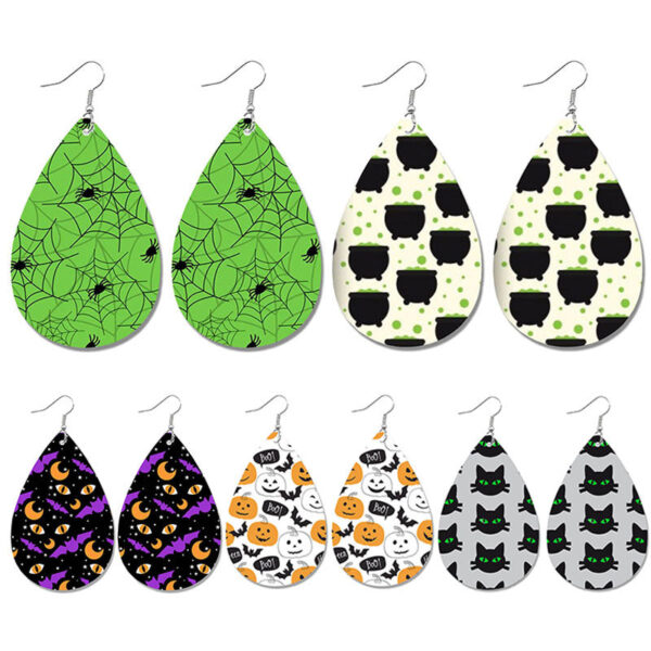 Wholesale Halloween Spider Fun Pumpkin Bat Print Water Drop Leather Earrings
