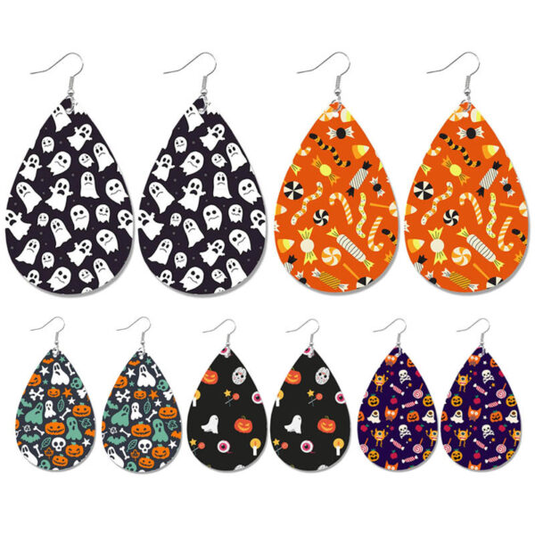 Wholesale Halloween Pumpkin Ghost Candy Print Water Drop Leather Earrings