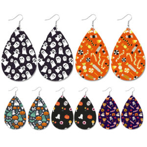 Wholesale Halloween Pumpkin Ghost Candy Print Water Drop Leather Earrings