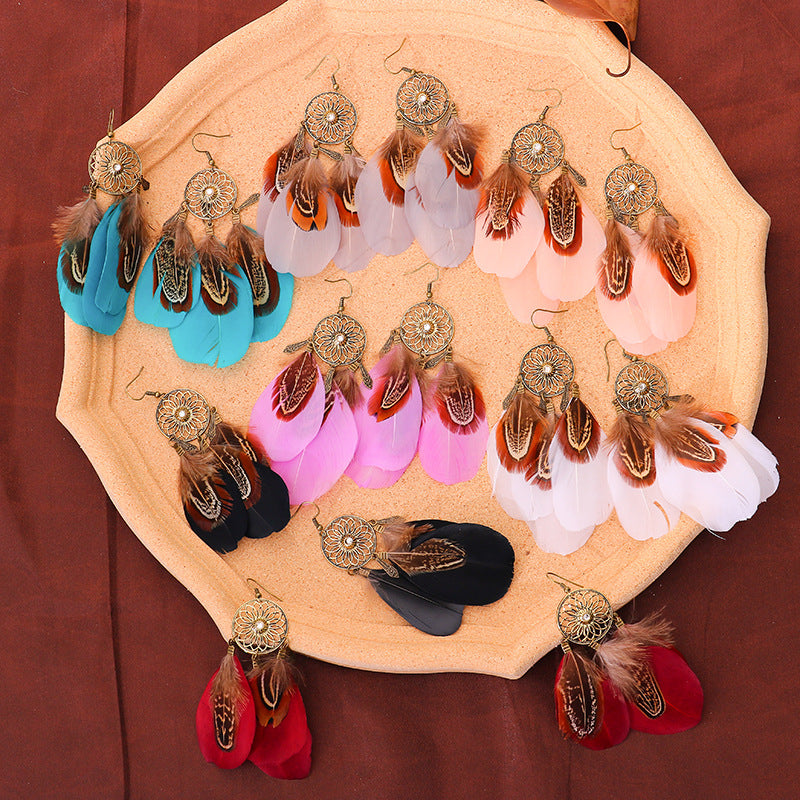 Wholesale Suower Diamond Feather Alloy Earrings