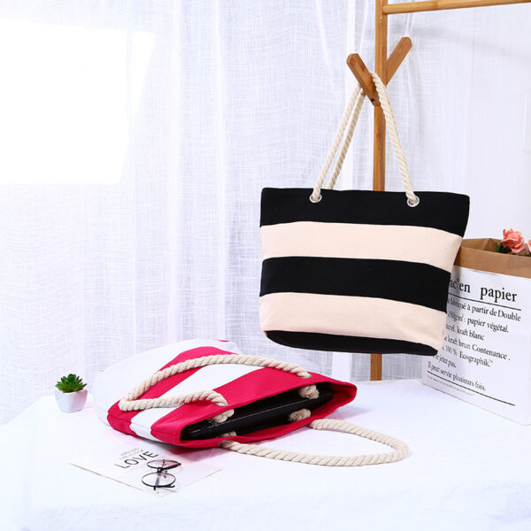 Wholesale Burlap Stripe Panel Canvas Shoulder Beach Bag