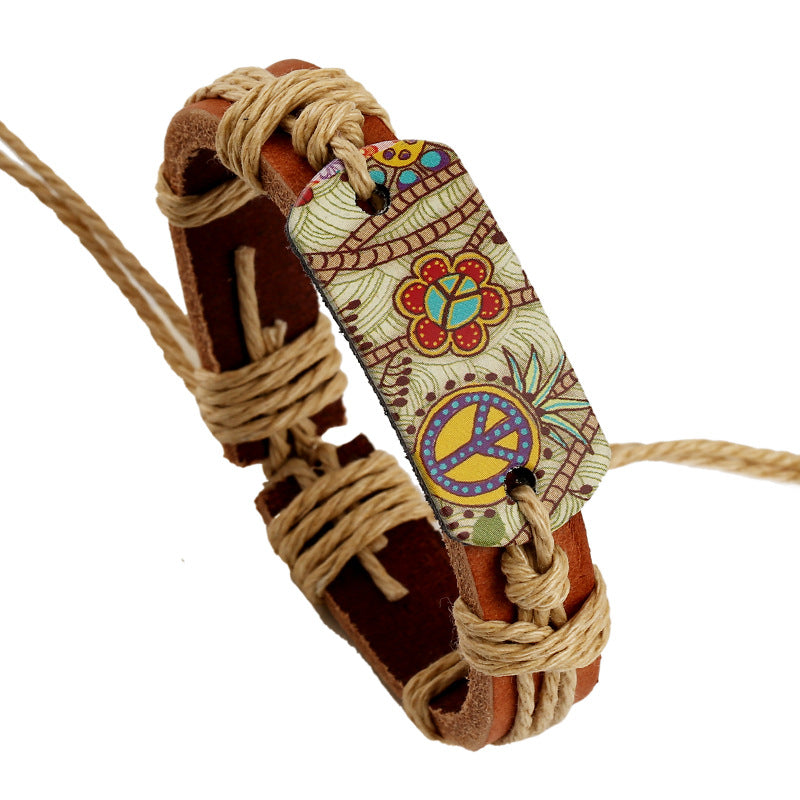 Wholesale Retro Style Heat Transfer Hemp Rope Braided Cowhide Bracelet