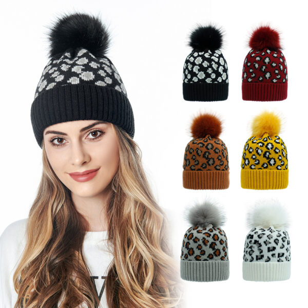 Wholesale Autumn and Winter Leopard Print Wool Knitted Hat Wool Ball Acrylic Knitted Hat