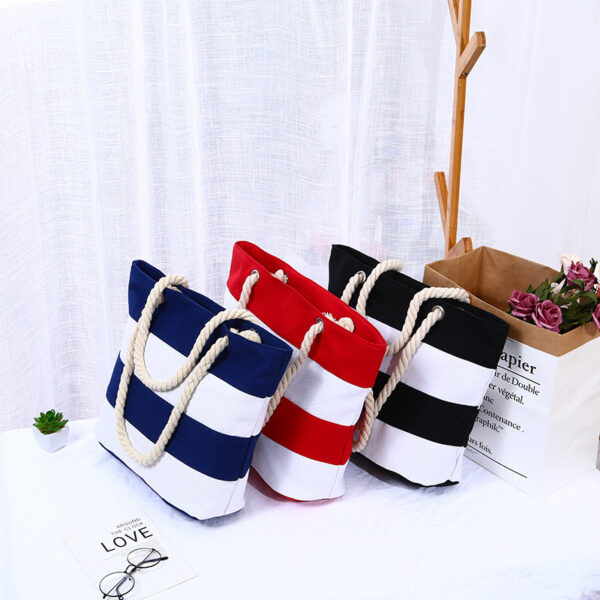 Wholesale Burlap Stripe Panel Canvas Shoulder Beach Bag