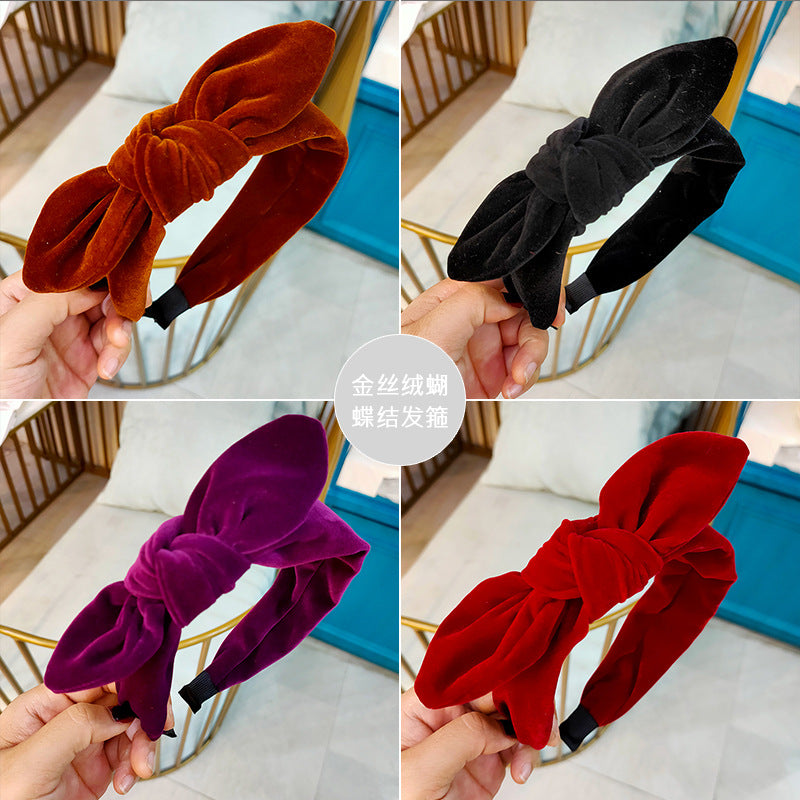 Wholesale Veet Solid Color Bow Tie Wide Hair Hoop