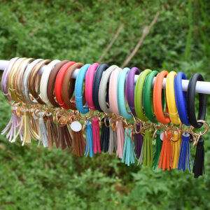 Wholesale Tie-dyed PU Leather Tassel Bracelet Keychain